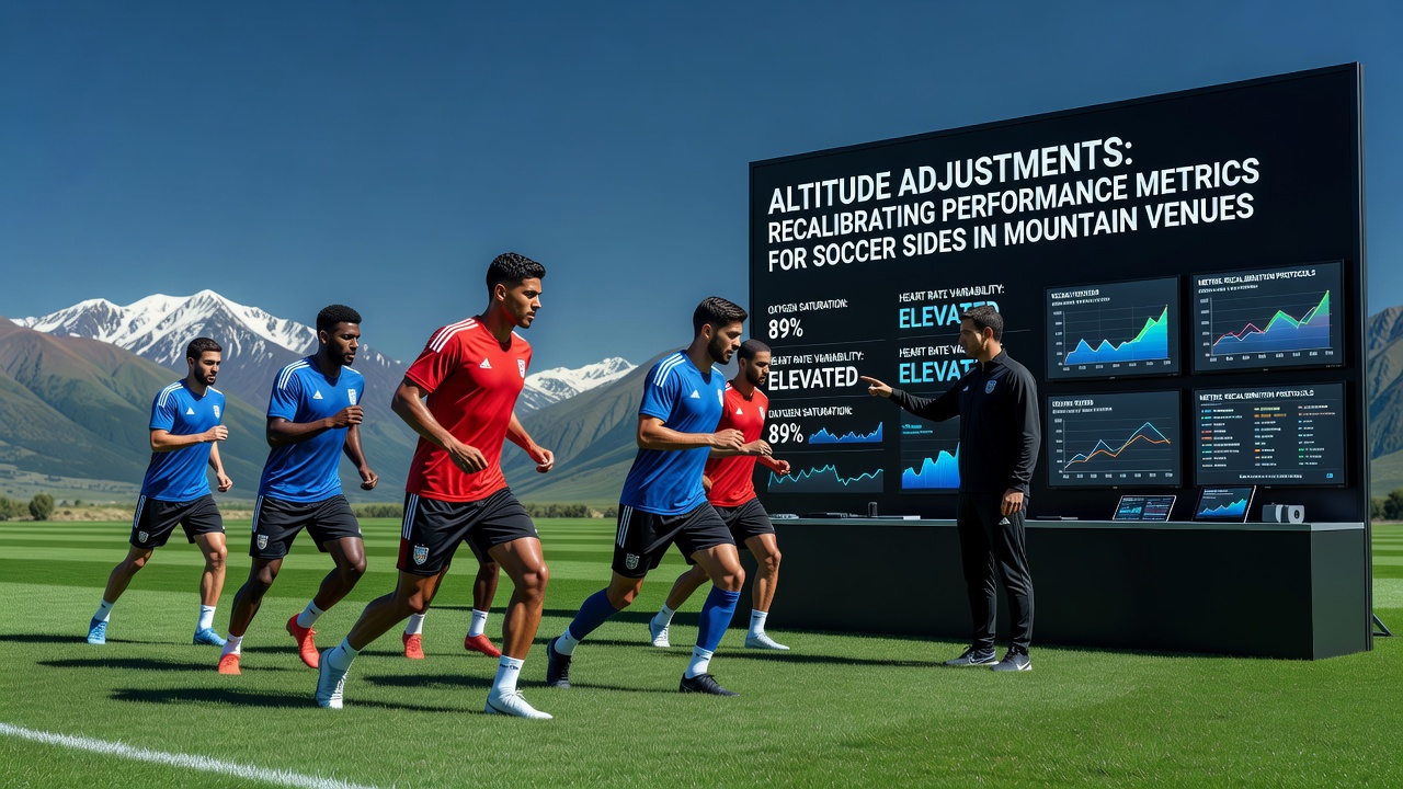 Data analysts reviewing soccer performance metrics on screens with altitude simulation graphics