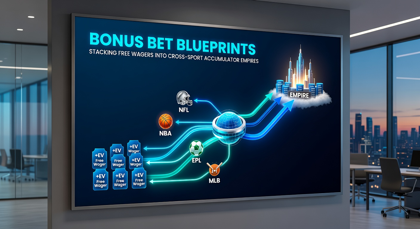 Graphic blueprint showing a flowchart of bonus bets stacking into a multi-sport accumulator with exploding payout potential