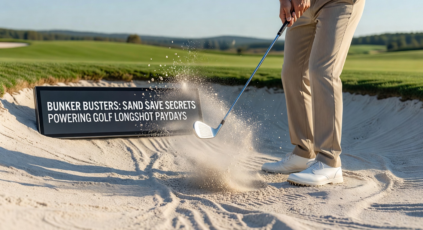 Close-up of a golfer's wedge striking sand in a bunker, with the ball soaring out toward the green under blue skies, highlighting explosion technique