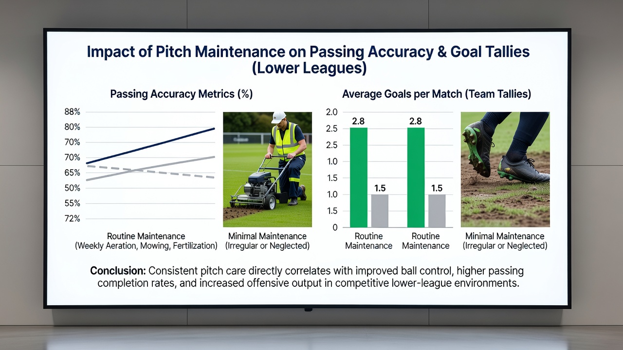 Infographic comparing goal tallies before and after specific pitch aeration and mowing routines in lower league soccer