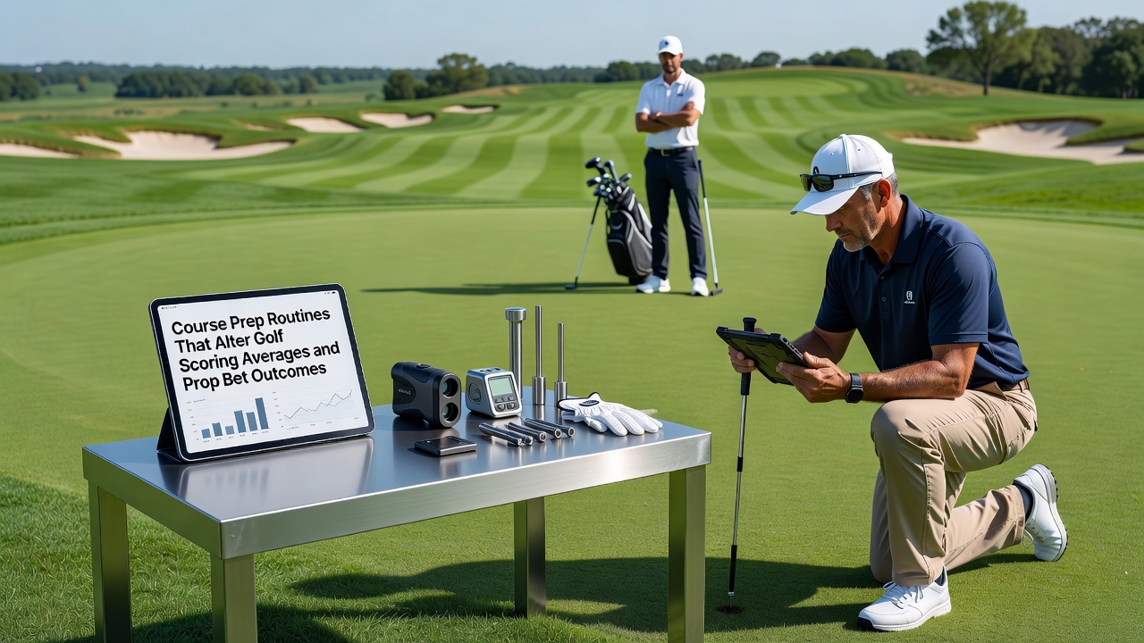 Close-up of golfer marking yardage book while standing on tee box during practice round