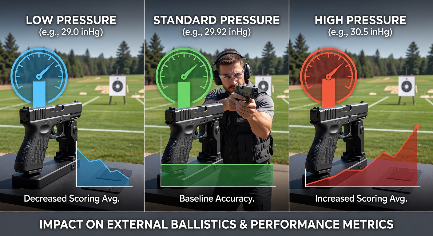 Professional golfer executing a shot with weather instruments visible in the background