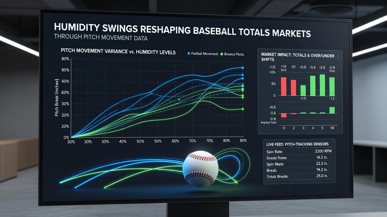 Data visualization showing humidity levels correlated with pitch break metrics and resulting run totals across multiple ballparks