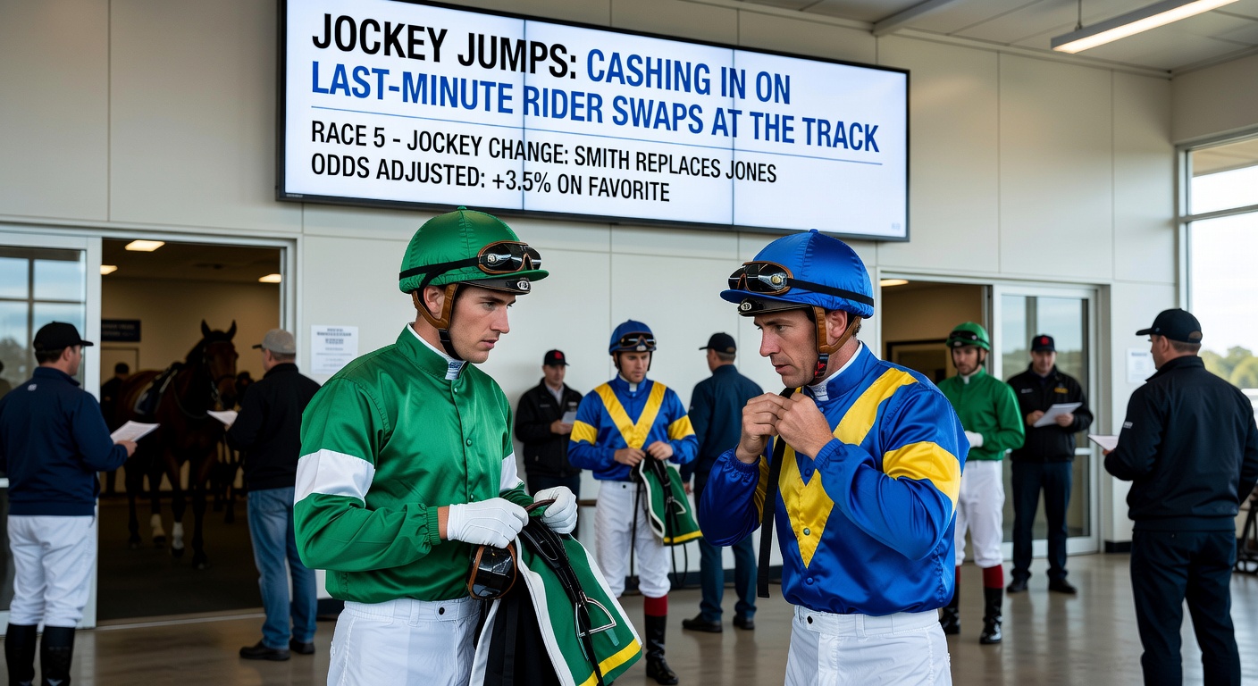 Close-up of racecourse tote board displaying rapid odds fluctuations following a jockey change announcement, with punters reacting in the background