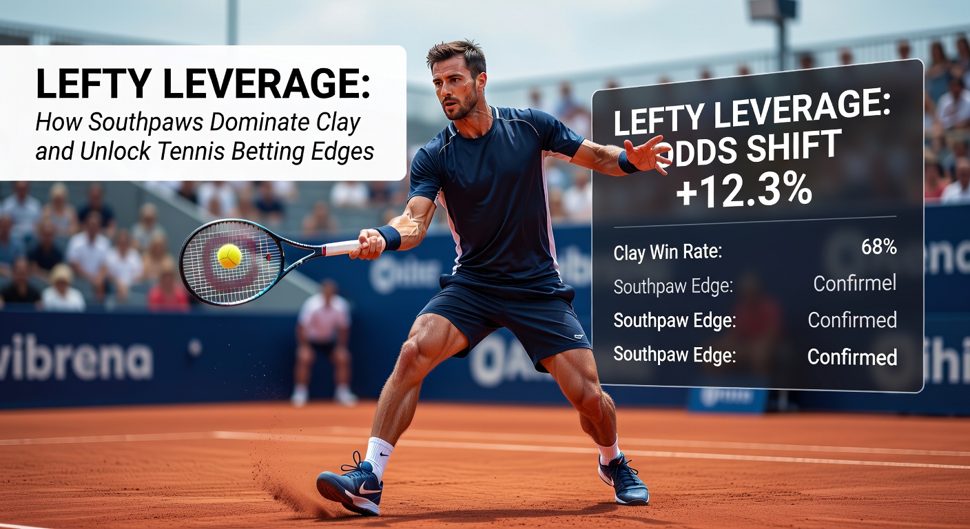 Close-up of a southpaw serve on clay, with the ball spinning sharply away from a stretching right-handed returner, illustrating the tactical disruption in play