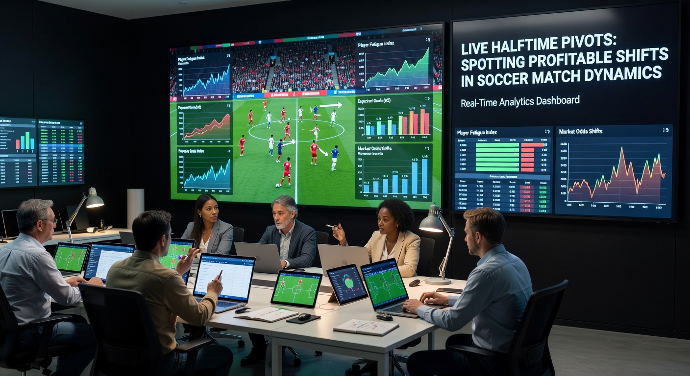 Live betting interface on a mobile screen showing halftime odds shifting dramatically for a soccer match, with graphs of momentum indicators overlayed