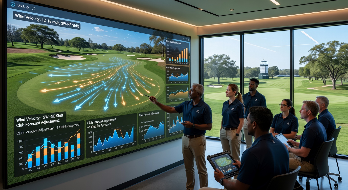 Close-up of digital wind mapping display used by caddies during a golf major, showing vector arrows across fairway sections