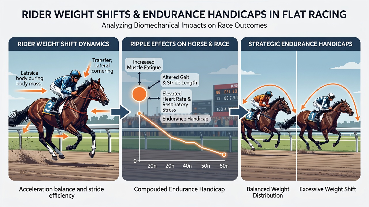 Thoroughbreds training on a flat racing circuit with visible saddle weights and rider positioning