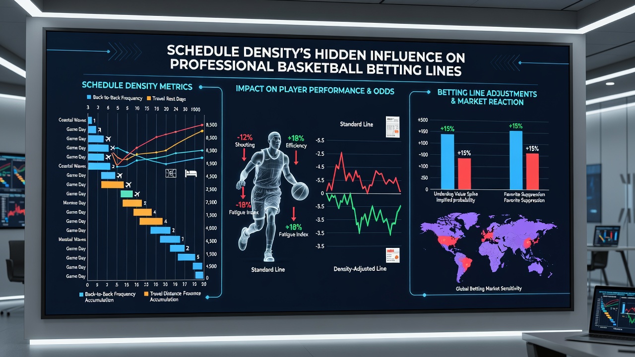 Analytics dashboard displaying team efficiency ratings adjusted for back-to-back games and travel distance