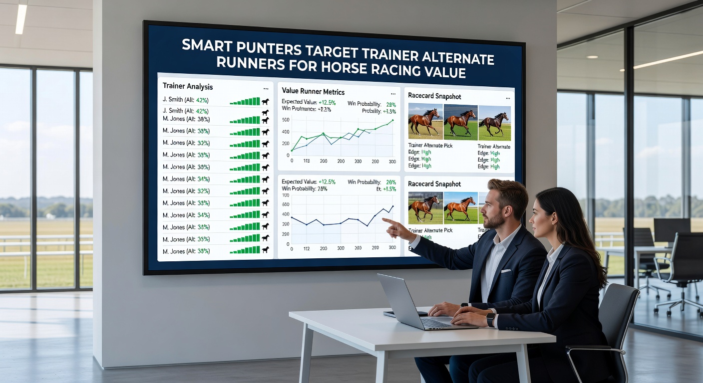 Close-up of a racecourse declaration board listing trainer alternates, with odds fluctuating as substitutions are confirmed