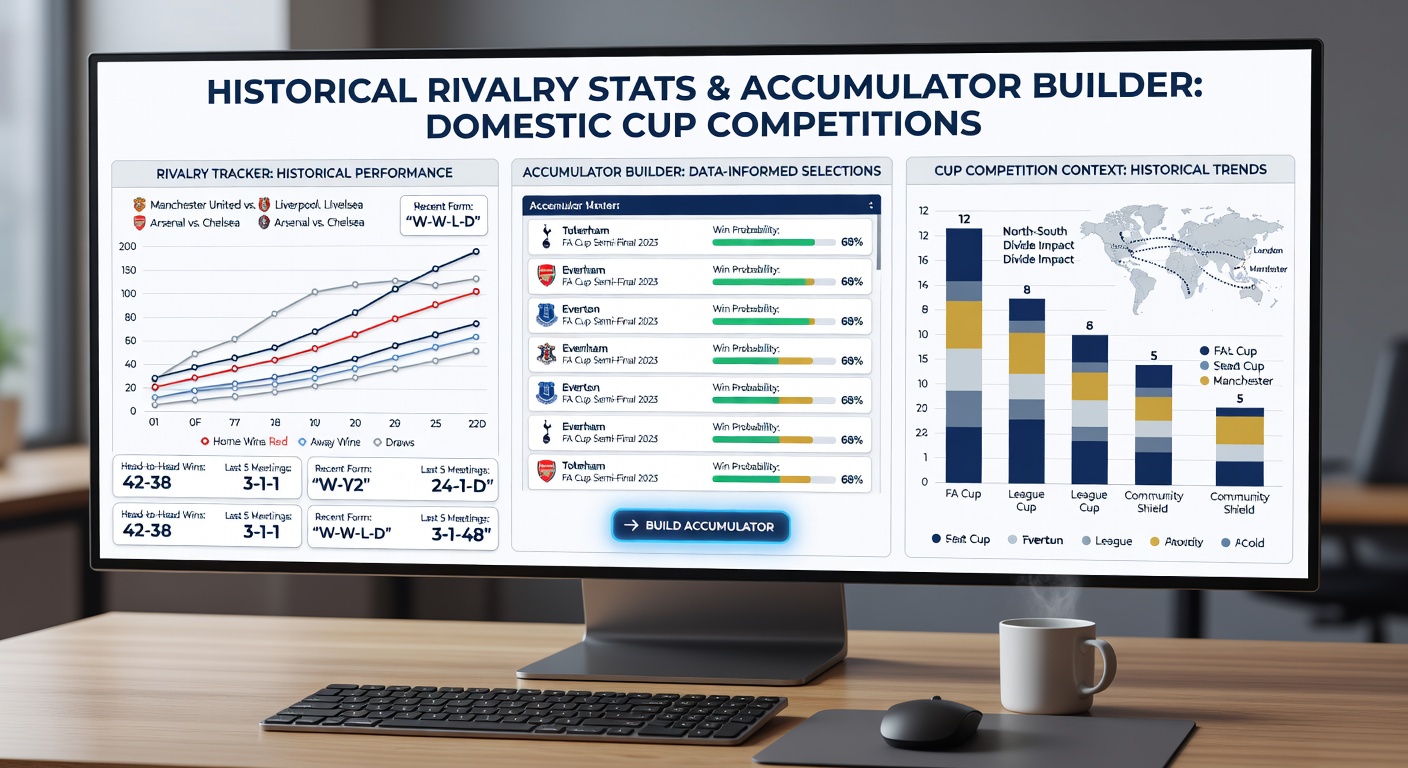 Soccer analysts reviewing rivalry statistics on multiple screens for cup accumulator planning