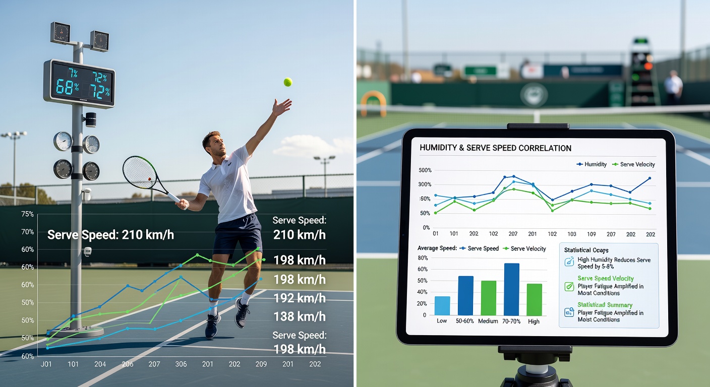 Close-up of humidity monitoring equipment placed courtside during a professional tennis match in tropical conditions