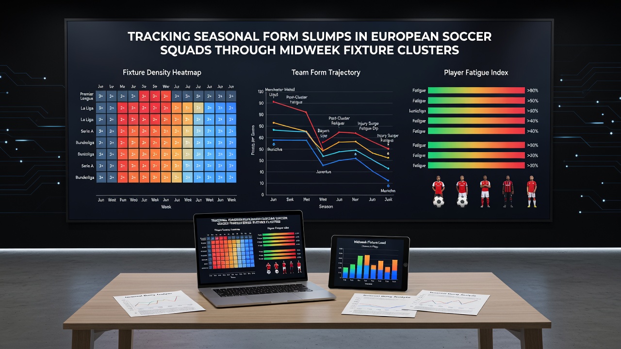 Data visualization charts displaying seasonal performance trends for European clubs navigating midweek European fixtures