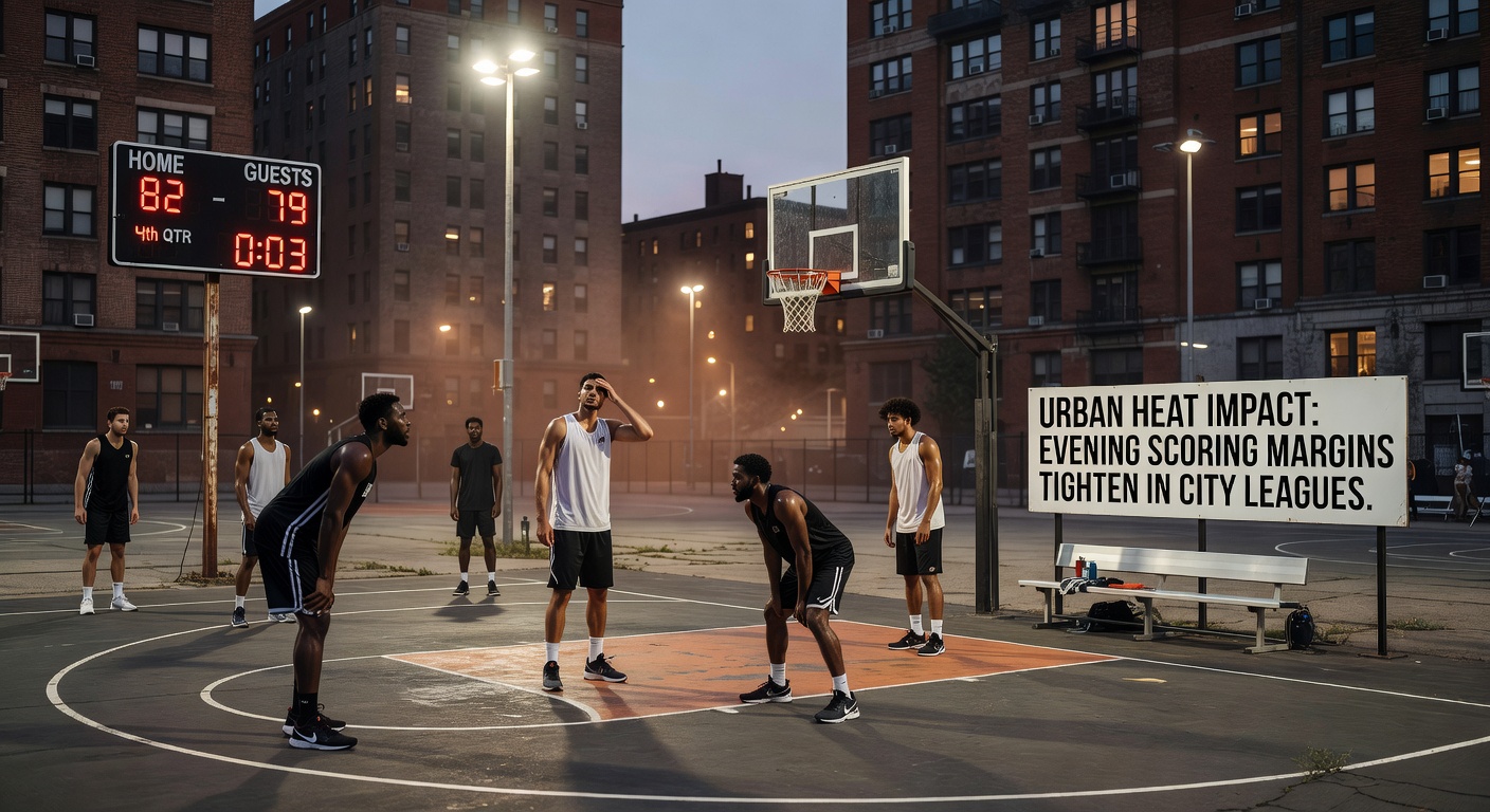 Thermal imaging overlay on an urban basketball court during an evening league game