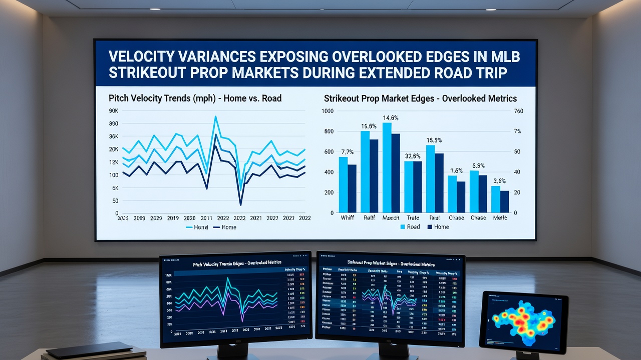 Baseball analytics dashboard displaying velocity trends and strikeout projections for road-trip games