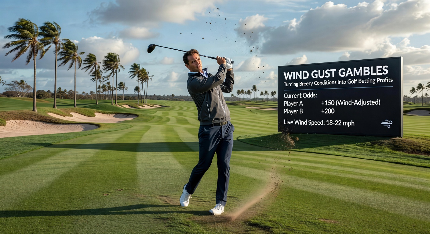 Close-up of a golfer's controlled tee shot slicing through turbulent air over a seaside fairway, demonstrating technique in high-wind scenarios